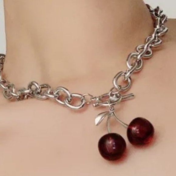 Red Cherry Toggle Choker Chain Necklace - Picture 2 of 5